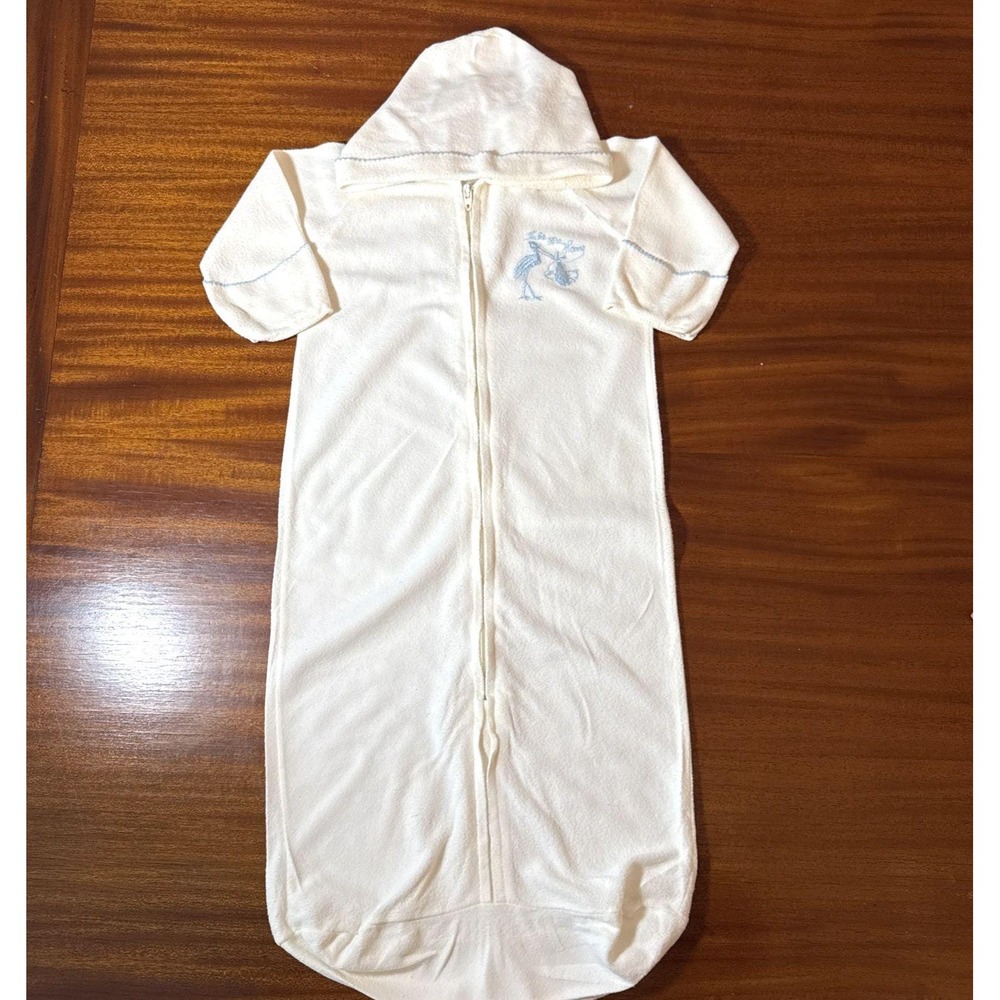 Vintage 1960s Baby Sleep Sack White Blue Embroidery Newborn Fleece‎